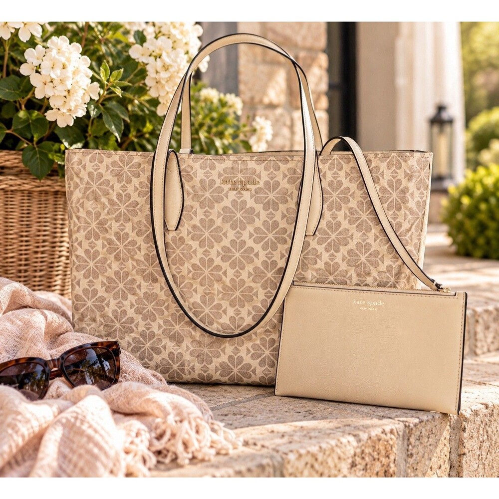 Kate Spade New York Spade Flower Monogram Tote Bag Beige Cream Large Shopper